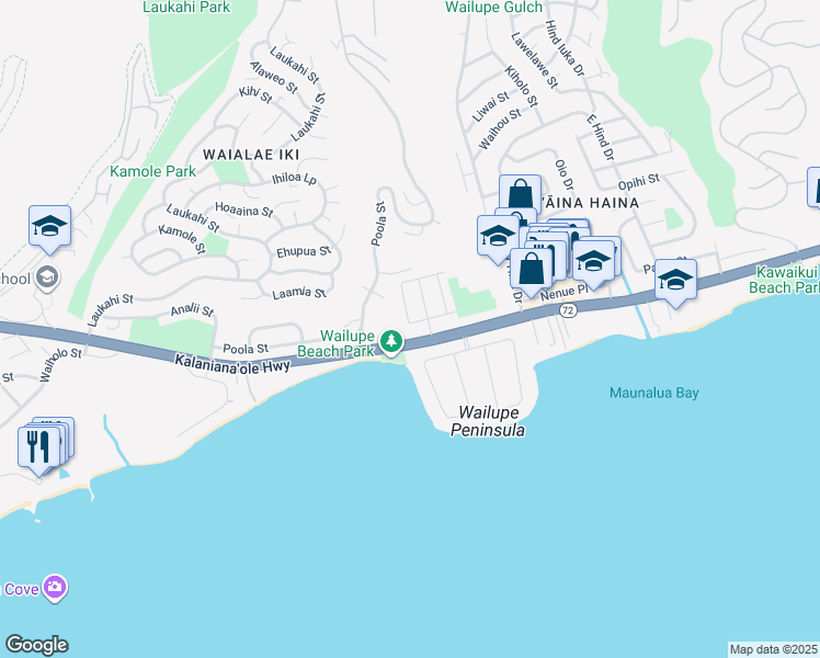 map of restaurants, bars, coffee shops, grocery stores, and more near 5361 Keikilani Circle in Honolulu