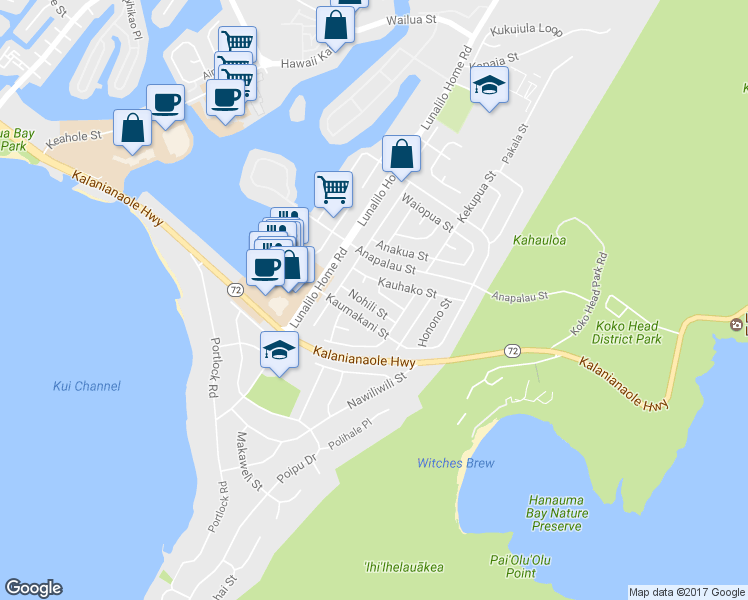 map of restaurants, bars, coffee shops, grocery stores, and more near 7259 Koki Street in Honolulu