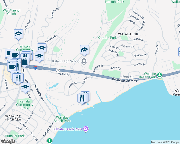map of restaurants, bars, coffee shops, grocery stores, and more near 1206 Laukahi Street in Honolulu
