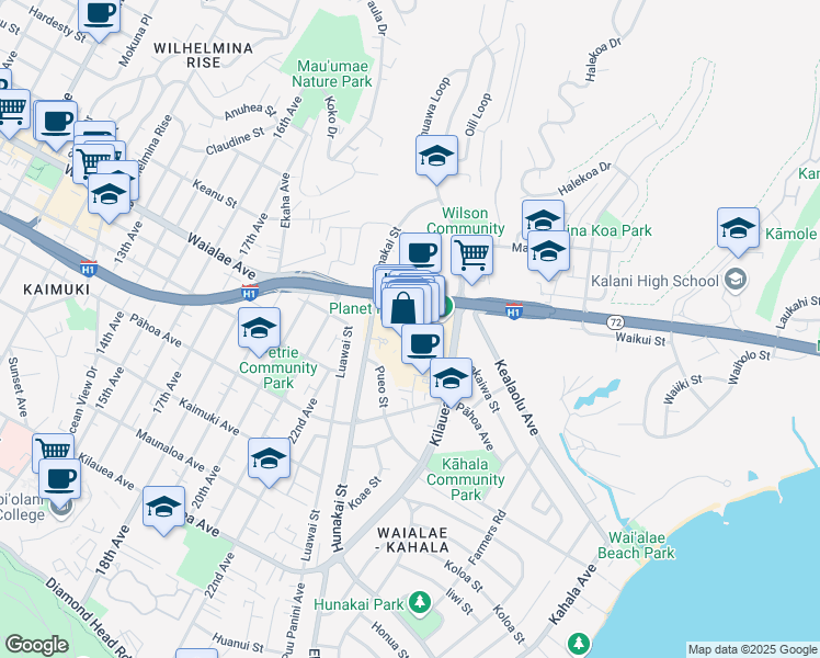 map of restaurants, bars, coffee shops, grocery stores, and more near 4211 Waialae Avenue in Honolulu