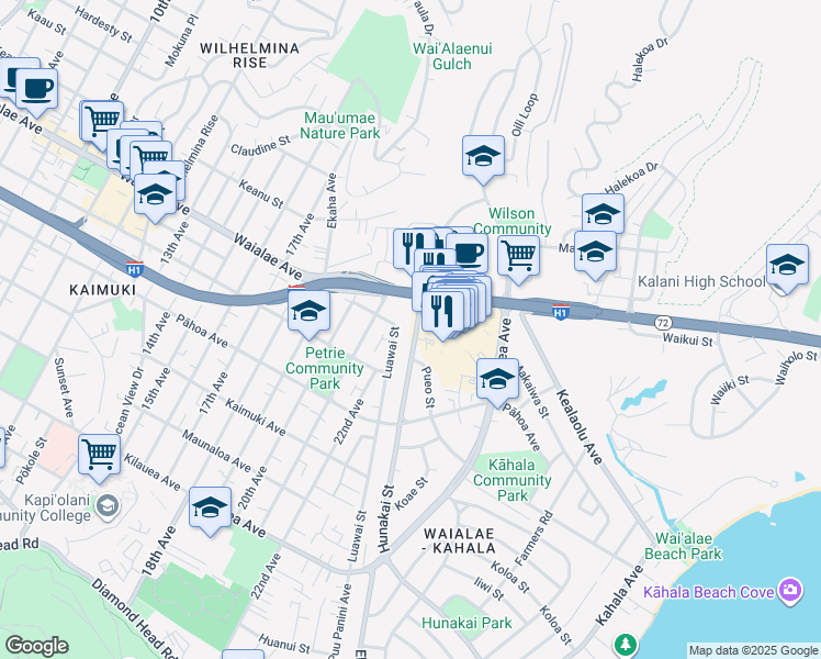 map of restaurants, bars, coffee shops, grocery stores, and more near 1244B Hunakai Street in Honolulu
