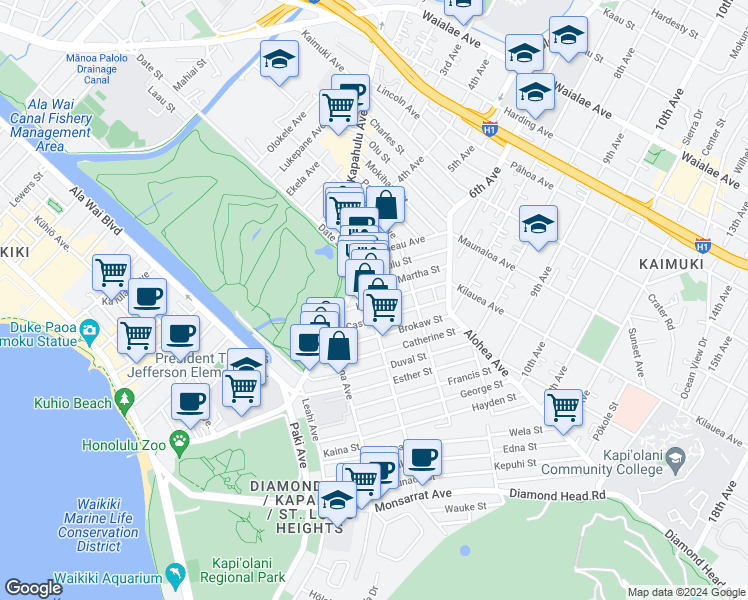 map of restaurants, bars, coffee shops, grocery stores, and more near 3311 Campbell Avenue in Honolulu