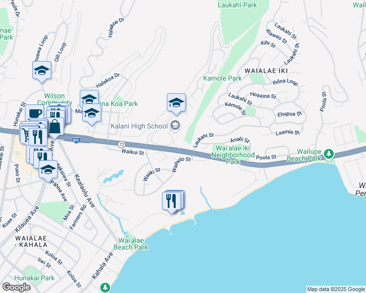 map of restaurants, bars, coffee shops, grocery stores, and more near 4698 Kalanianaʻole Highway in Honolulu