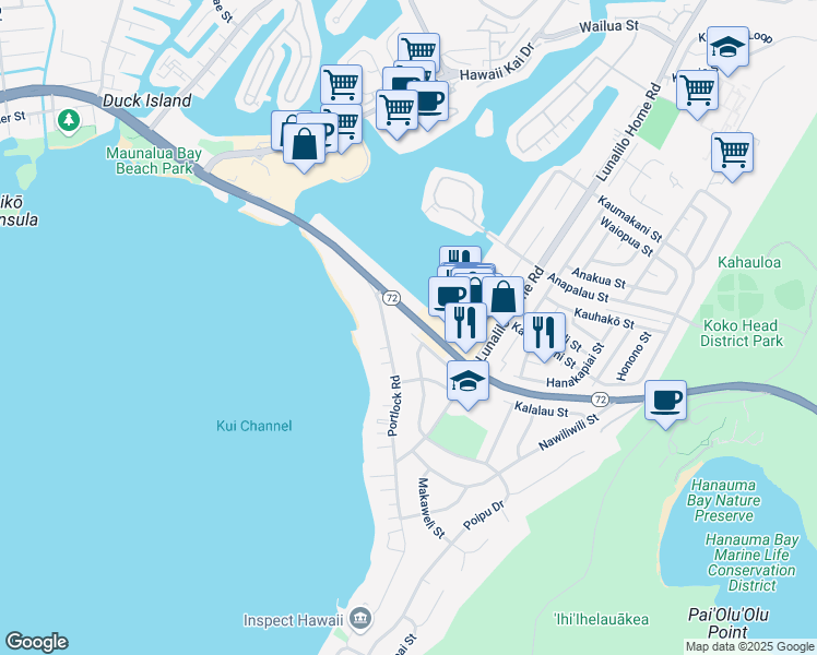 map of restaurants, bars, coffee shops, grocery stores, and more near 7104 Pilaa Place in Honolulu