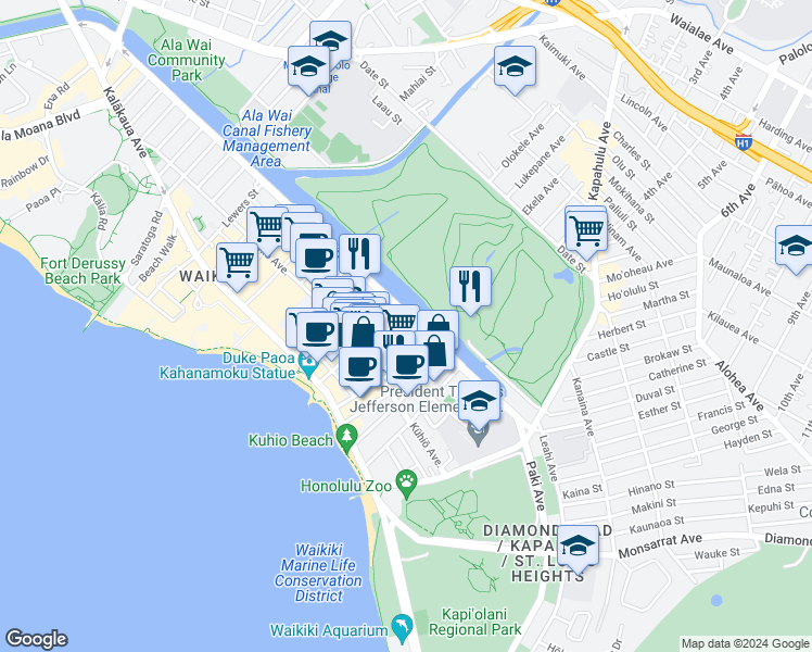 map of restaurants, bars, coffee shops, grocery stores, and more near 2465 Ala Wai Boulevard in Honolulu