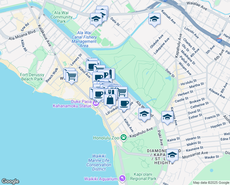 map of restaurants, bars, coffee shops, grocery stores, and more near 2421 Tusitala Street in Honolulu