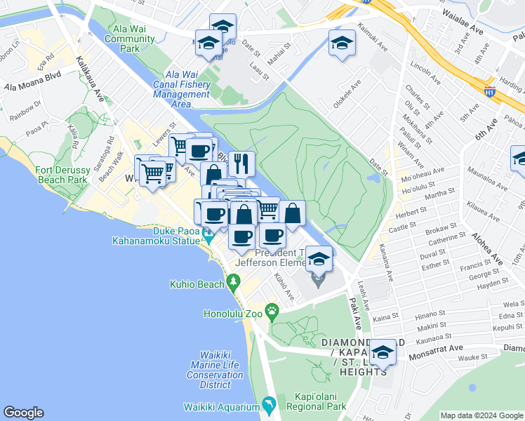map of restaurants, bars, coffee shops, grocery stores, and more near 2444 Tusitala Street in Honolulu
