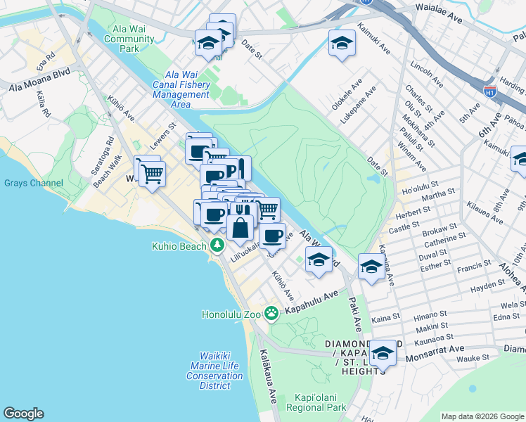 map of restaurants, bars, coffee shops, grocery stores, and more near 2421 Tusitala Street in Honolulu