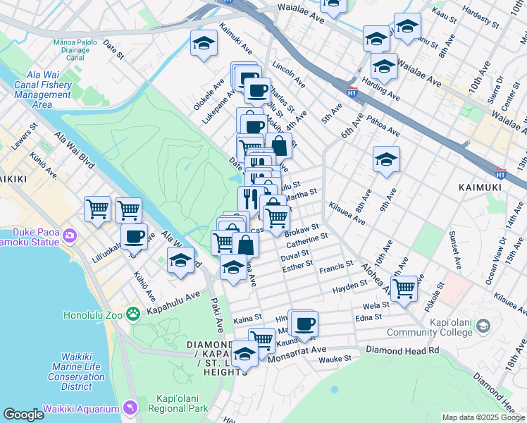 map of restaurants, bars, coffee shops, grocery stores, and more near 3311 Campbell Avenue in Honolulu