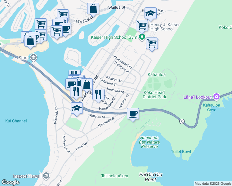 map of restaurants, bars, coffee shops, grocery stores, and more near 344 Hanakapiai Street in Honolulu