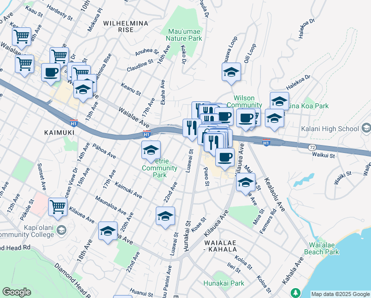 map of restaurants, bars, coffee shops, grocery stores, and more near 1148 Luawai Place in Honolulu