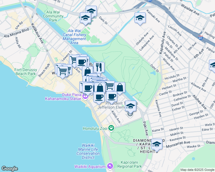 map of restaurants, bars, coffee shops, grocery stores, and more near 2442 Tusitala Street in Honolulu