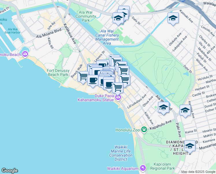 map of restaurants, bars, coffee shops, grocery stores, and more near 2332 Kalakaua Avenue in Honolulu