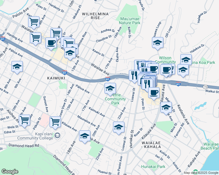 map of restaurants, bars, coffee shops, grocery stores, and more near 1102 19th Avenue in Honolulu