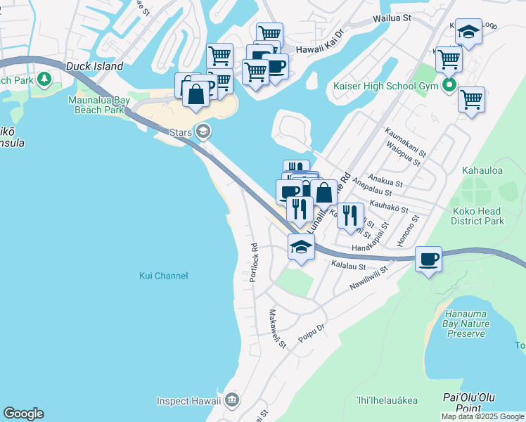 map of restaurants, bars, coffee shops, grocery stores, and more near 7102 Pilaa Place in Honolulu