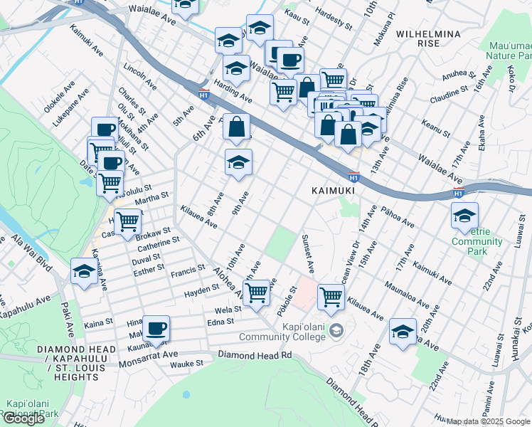 map of restaurants, bars, coffee shops, grocery stores, and more near 3508 Maunaloa Avenue in Honolulu