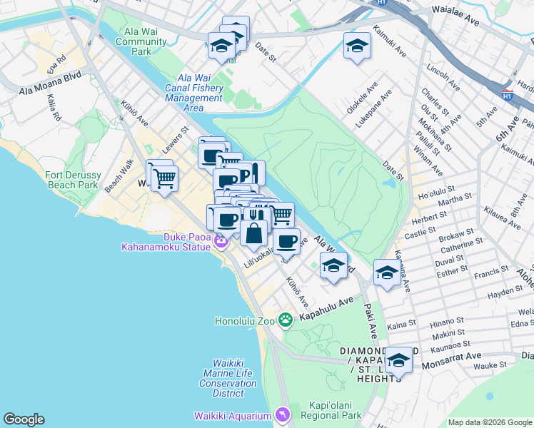 map of restaurants, bars, coffee shops, grocery stores, and more near 2421 Tusitala Street in Honolulu
