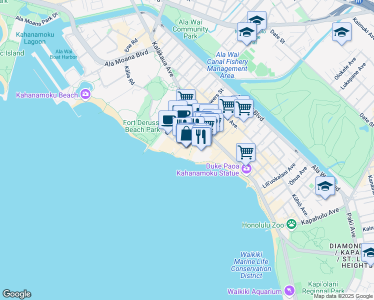 map of restaurants, bars, coffee shops, grocery stores, and more near 2255 Kalakaua Avenue in Honolulu