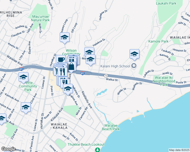 map of restaurants, bars, coffee shops, grocery stores, and more near 4507 Waikui Street in Honolulu