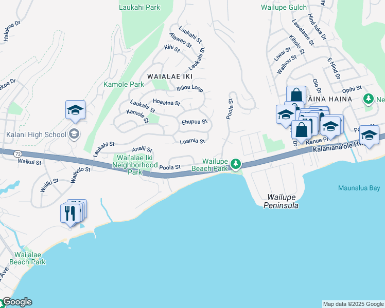map of restaurants, bars, coffee shops, grocery stores, and more near 4970 Waa Street in Honolulu