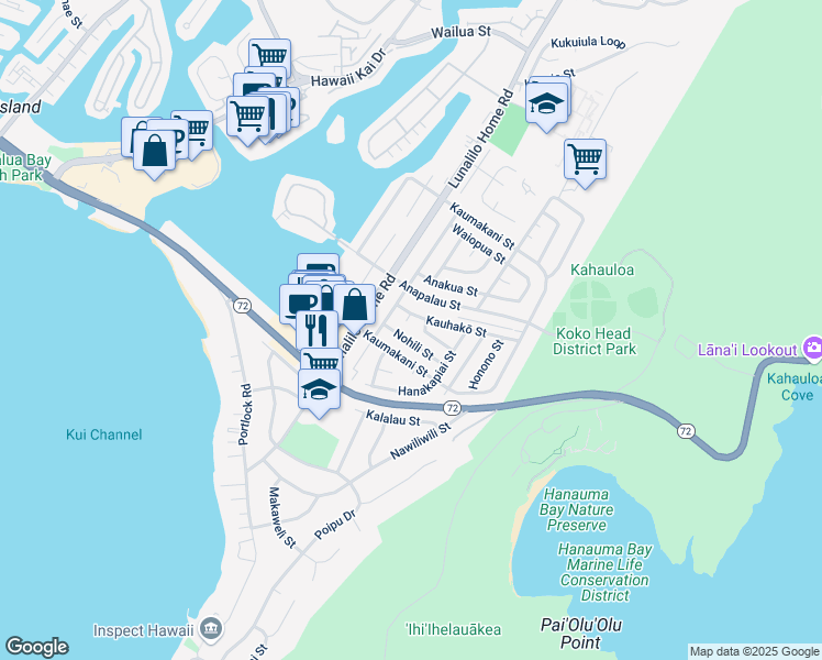 map of restaurants, bars, coffee shops, grocery stores, and more near 7259 Koki Street in Honolulu