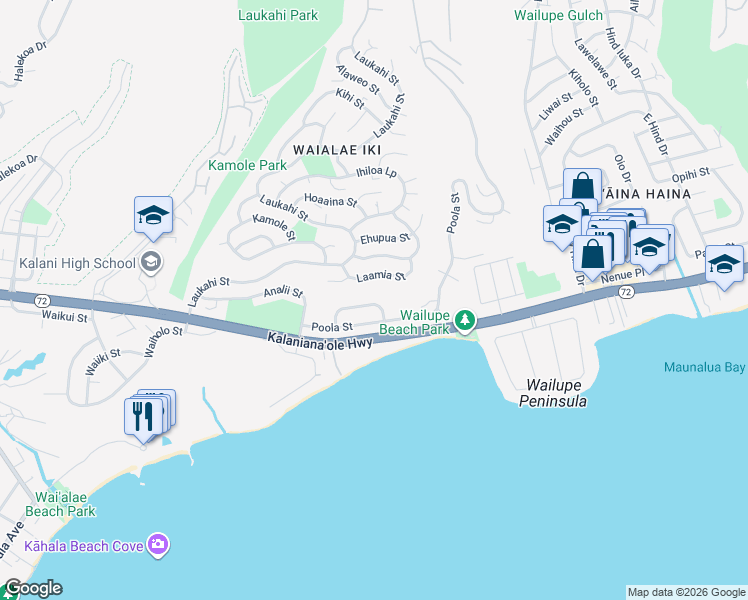 map of restaurants, bars, coffee shops, grocery stores, and more near 4970 Waa Street in Honolulu