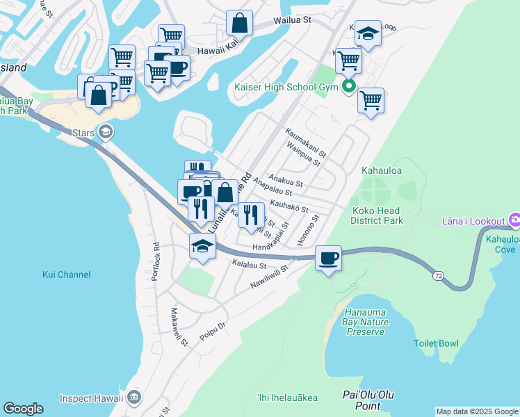 map of restaurants, bars, coffee shops, grocery stores, and more near 7259 Koki Street in Honolulu
