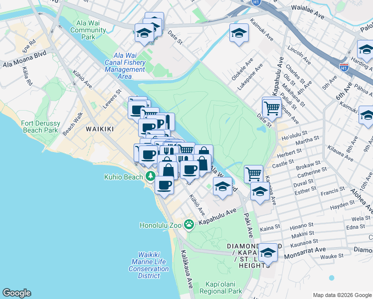 map of restaurants, bars, coffee shops, grocery stores, and more near 2465 Ala Wai Boulevard in Honolulu