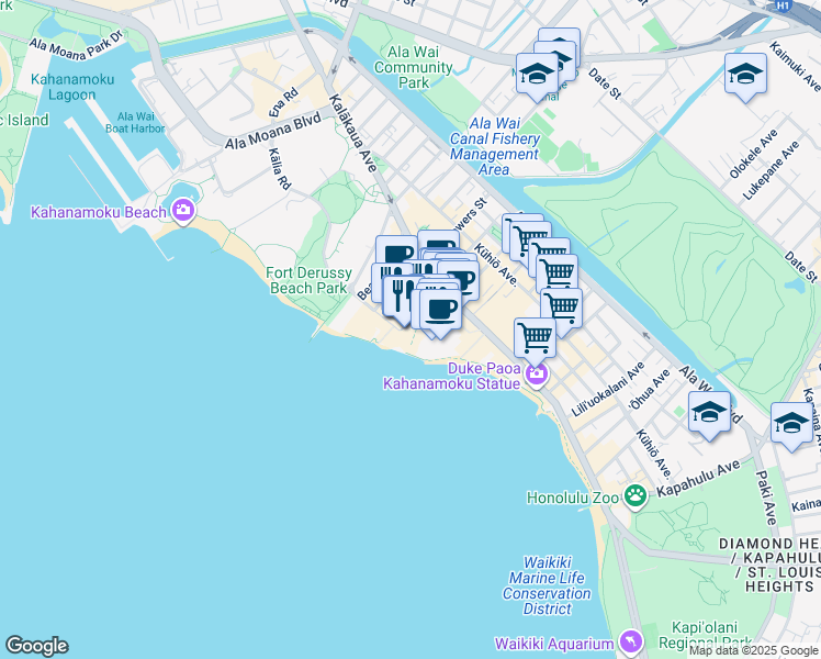 map of restaurants, bars, coffee shops, grocery stores, and more near 2255 Kalakaua Avenue in Honolulu
