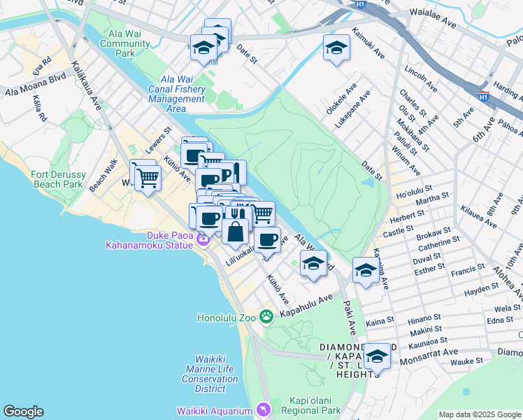 map of restaurants, bars, coffee shops, grocery stores, and more near 2421 Tusitala Street in Honolulu