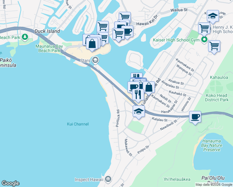 map of restaurants, bars, coffee shops, grocery stores, and more near 257 Portlock Road in Honolulu