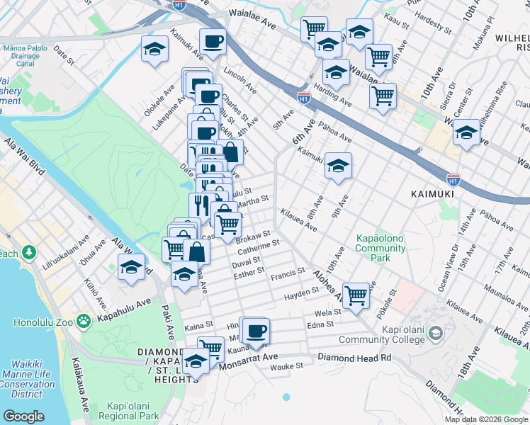 map of restaurants, bars, coffee shops, grocery stores, and more near 3324 Castle Street in Honolulu