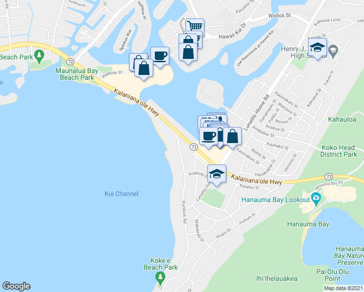 map of restaurants, bars, coffee shops, grocery stores, and more near 257 Portlock Road in Honolulu