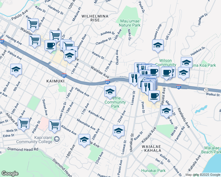 map of restaurants, bars, coffee shops, grocery stores, and more near 1102 19th Avenue in Honolulu