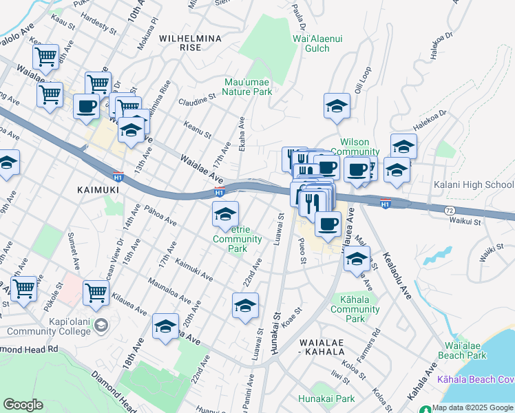 map of restaurants, bars, coffee shops, grocery stores, and more near 1117A 20th Avenue in Honolulu