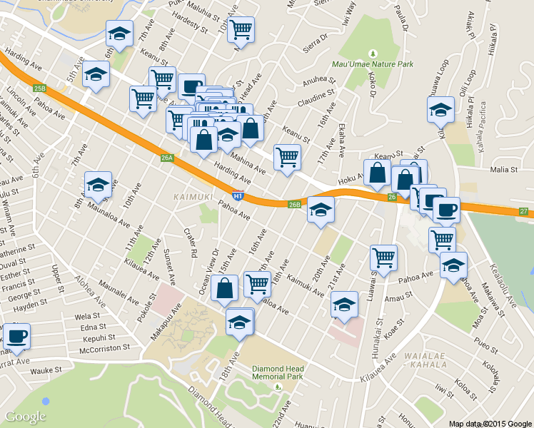 map of restaurants, bars, coffee shops, grocery stores, and more near 1019 16th Avenue in Honolulu