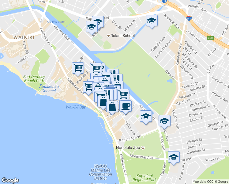 map of restaurants, bars, coffee shops, grocery stores, and more near 2421 Tusitala Street in Honolulu