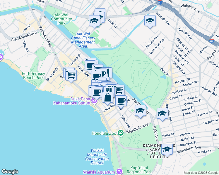 map of restaurants, bars, coffee shops, grocery stores, and more near 2421 Tusitala Street in Honolulu