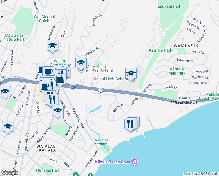 map of restaurants, bars, coffee shops, grocery stores, and more near 4570 Waikui Street in Honolulu