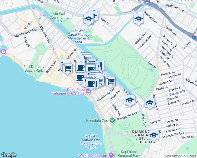map of restaurants, bars, coffee shops, grocery stores, and more near 222 Kaʻiulani Avenue in Honolulu