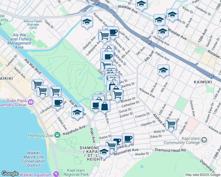 map of restaurants, bars, coffee shops, grocery stores, and more near 3311 Campbell Avenue in Honolulu