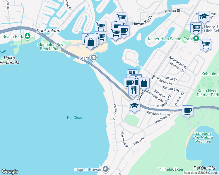 map of restaurants, bars, coffee shops, grocery stores, and more near 257 Portlock Road in Honolulu