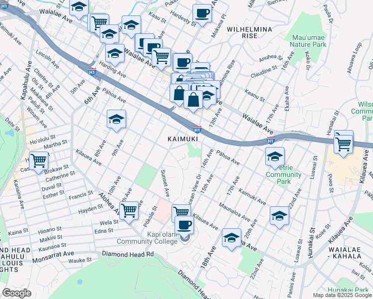 map of restaurants, bars, coffee shops, grocery stores, and more near 942 Crater Place in Honolulu