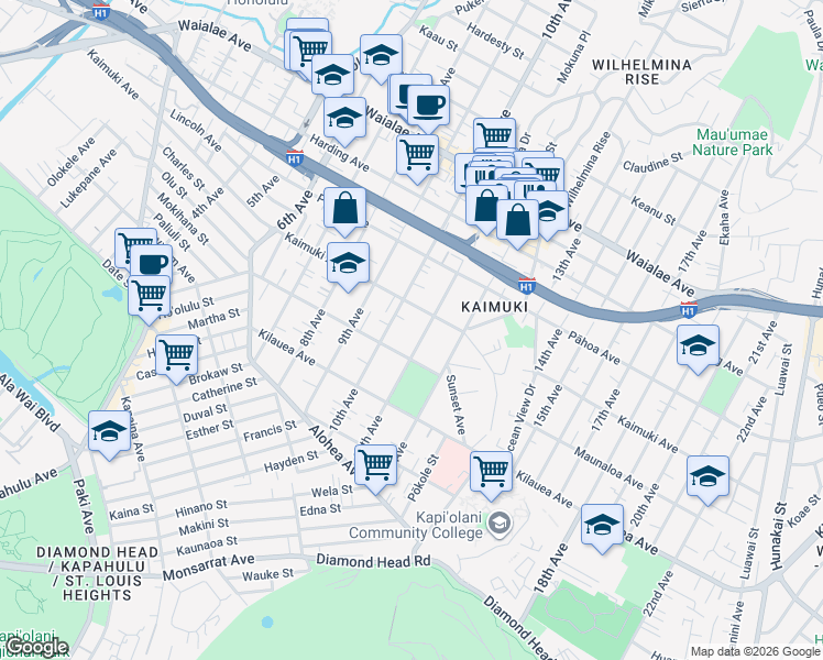 map of restaurants, bars, coffee shops, grocery stores, and more near 825 11th Avenue in Honolulu