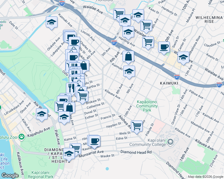 map of restaurants, bars, coffee shops, grocery stores, and more near 3359 Kilauea Avenue in Honolulu