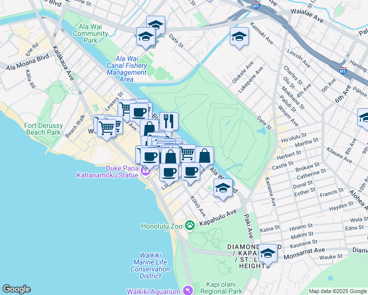 map of restaurants, bars, coffee shops, grocery stores, and more near 2421 Tusitala Street in Honolulu