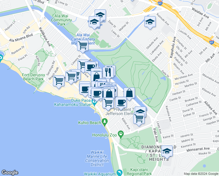 map of restaurants, bars, coffee shops, grocery stores, and more near 2421 Tusitala Street in Honolulu