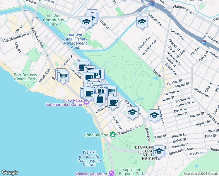 map of restaurants, bars, coffee shops, grocery stores, and more near 2421 Tusitala Street in Honolulu