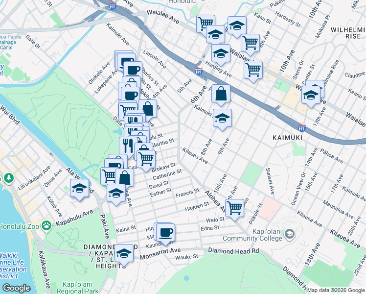 map of restaurants, bars, coffee shops, grocery stores, and more near 3359 Kilauea Avenue in Honolulu