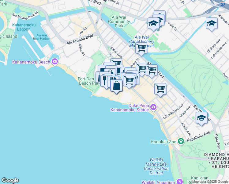 map of restaurants, bars, coffee shops, grocery stores, and more near 2233 Helumoa Road in Honolulu